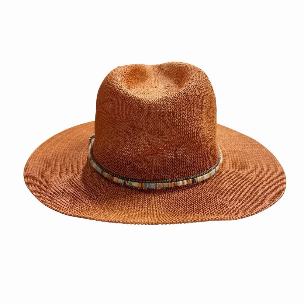 Anthropologie Cali Dream Rust Boho Wide Brim‎ Fedora Hat Beaded Band One Size